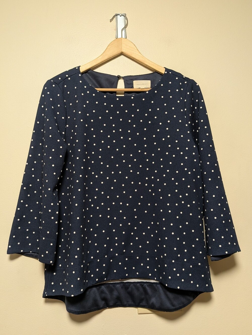 Melloday Navy Polka Dot Layered Blouse Size M Keyhole 3/4 Sleeve